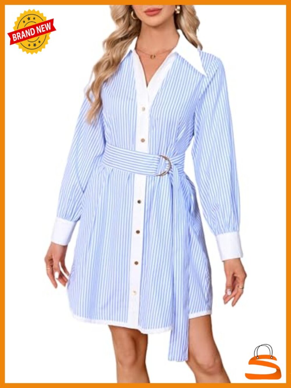 Striped Long Sleeve Button Down Mini Shirt Dress V Neck Belted Cotton